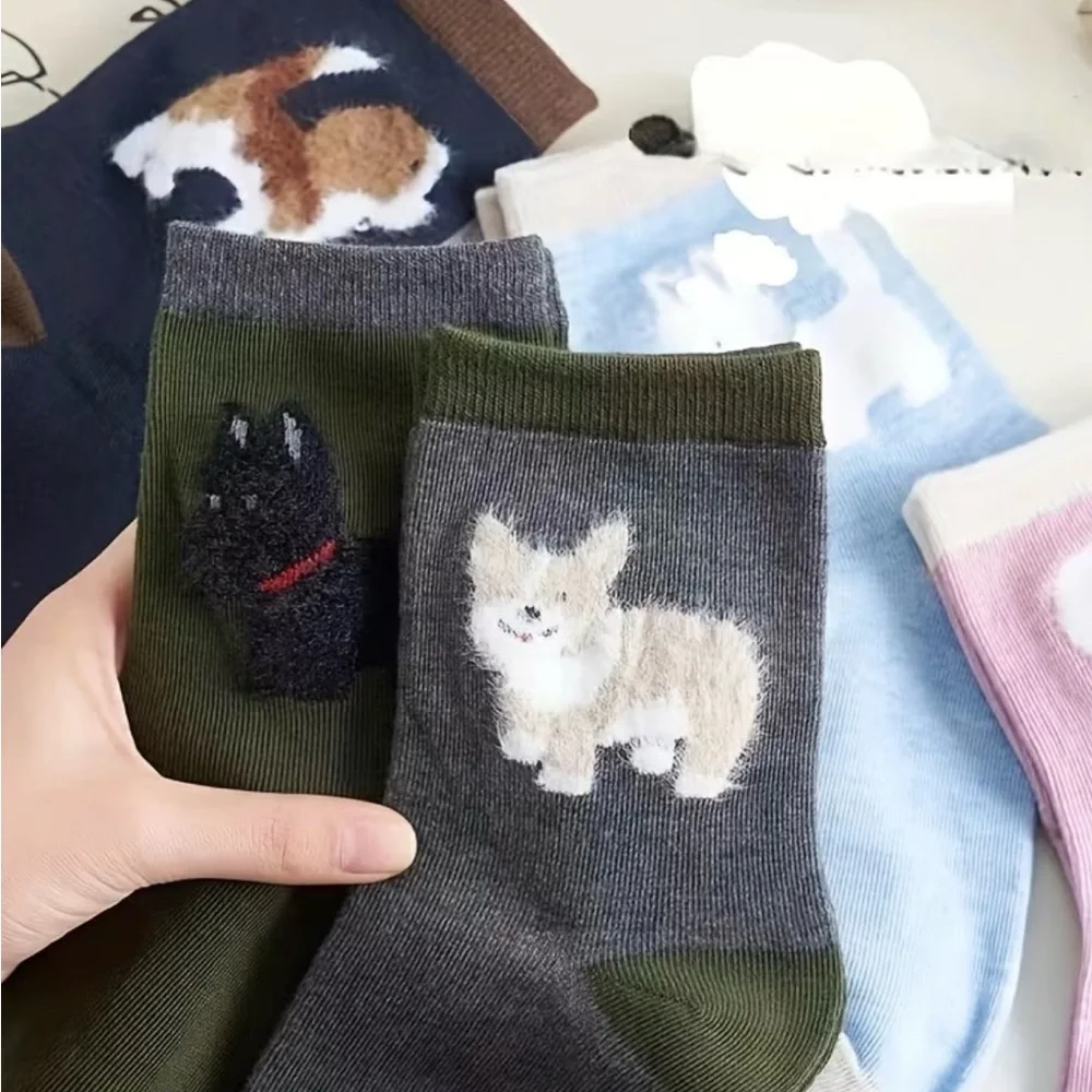 Women’s Socks  & Hosiery 4 Pairs Fuzzy Puppy Pattern Socks Warm Mid Tube Socks